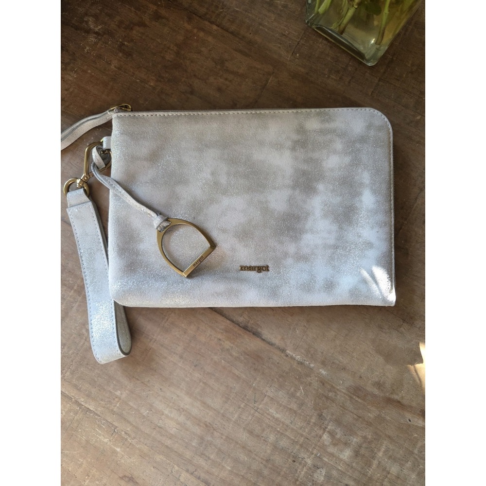 Margot New York Accessory Bag Clutch Grey Suede Leather‎ Purse 9.75 x 7 Strap
